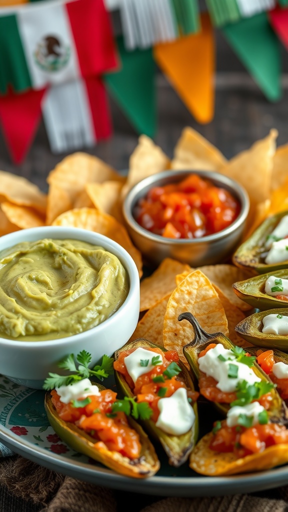 Colorful Mexican snack platter with guacamole, salsa, tortilla chips, and jalapeño poppers.